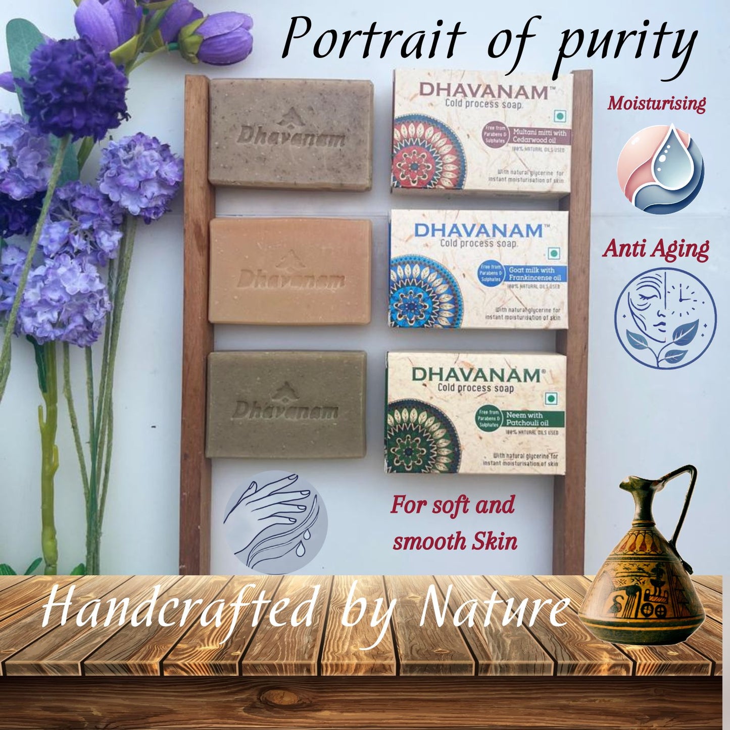 Dhavanam Natural Soap Combo – Goat Milk, Multani Mitti & Neem (Pack of 3)